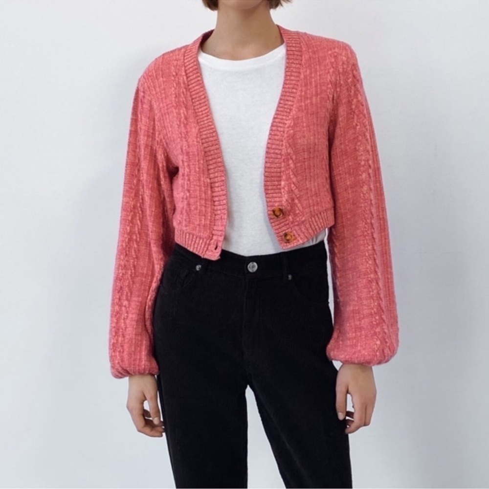 Zara Balloon Sleeves Knit Cropped Cardigan Two Buttons Size Small Women’s